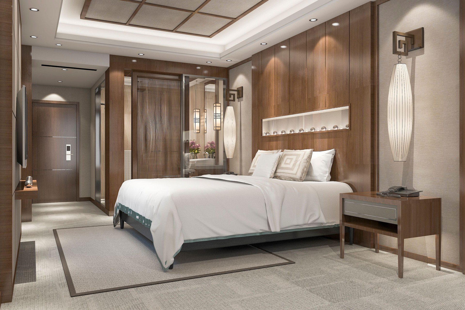 3d rendering modern luxury bedroom suite in resort with bathroom