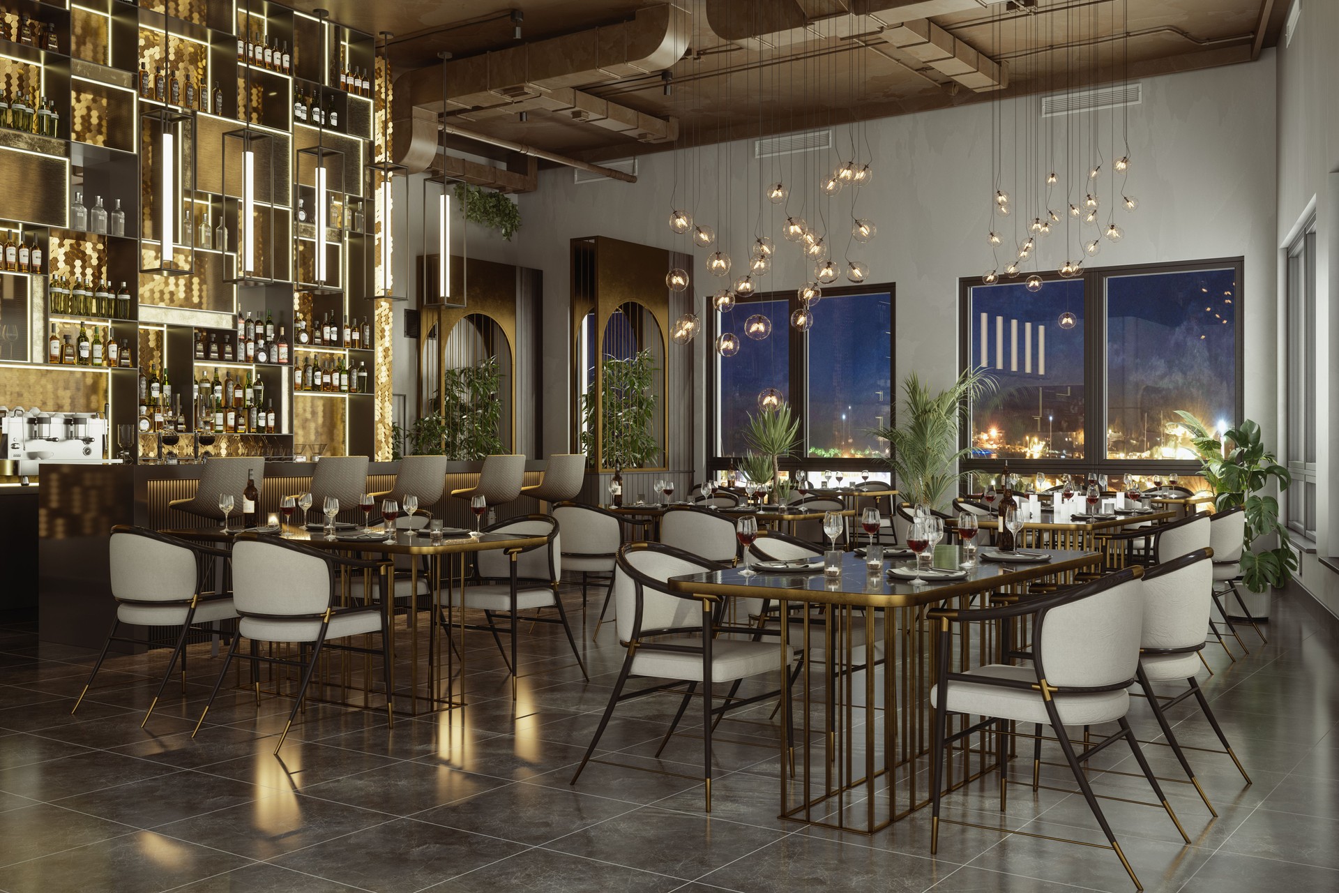 Luxury Restaurant Interior At Night With Dining Tables, Potted Plants, Pendant Lights And Cityscape Through The Window